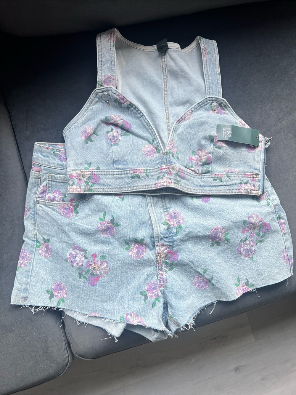 Floral Denim Crop Top & Shorts Set - Light Blue with Pink Flowers